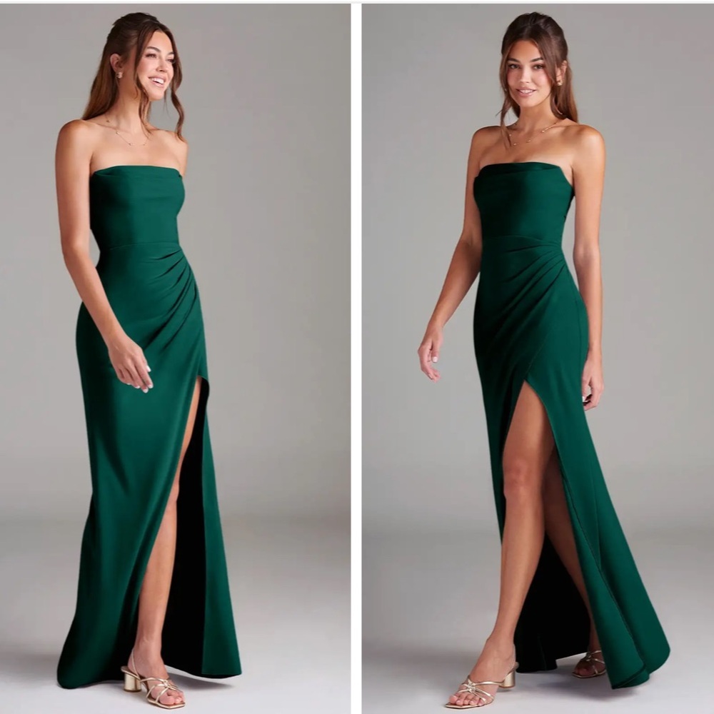 Azazie Darria Stretch Pine Green Sheath Square Neckline Pleated Stretch Gown A4